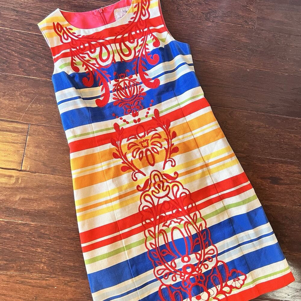 Tabitha x Anthropologie Sheath Sz 6 Dress Rainbow Stripe Fiesta Embroidered EUC